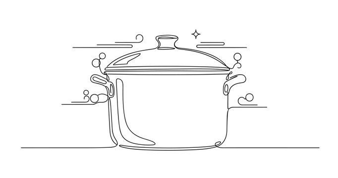 Continuous line art of cooking pot with steam and bubbles. None editable stroke