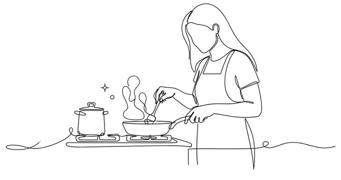 Outline of young caucasian female cooking on stove in kitchen scene. None editable stroke