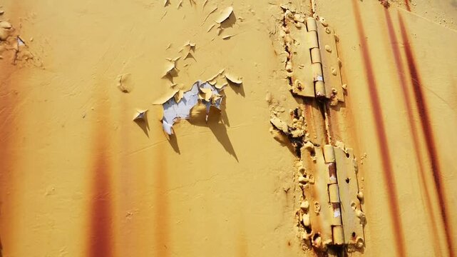A weathered and rusty surface with paint peeling off. The image captures the texture and decay with an old hinge on the right side