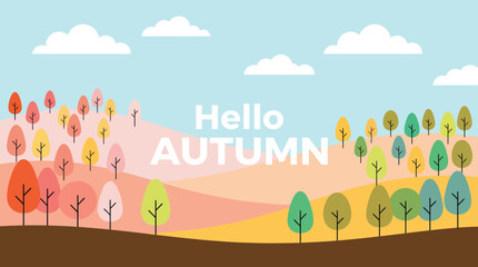 Hello Autumn: A colorful illustrated landscape featuring rolling hills, vibrant trees, and a sunny sky