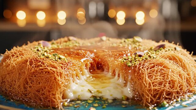 Delicious Middle Eastern Dessert Kunafa with Pistachios and Syrup.