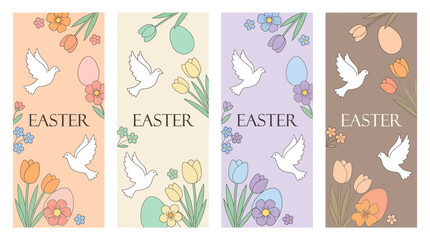 Elegant pastel Easter banner featuring doves and spring flowers across five decorative panels for a festive greeting card design.