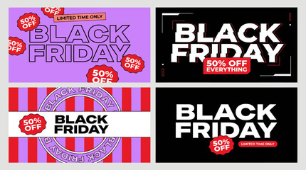 Two vibrant Black Friday promotional banners featuring 50% off offers in pink and black styles for online shopping and retailers.