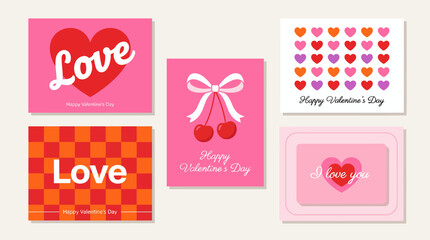 Collection of Valentine's Day greeting cards with pink and red designs, hearts, ribbons, and love messages for romance and gifting.