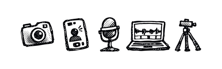 Hand-drawn doodle icons for audio-visual production, podcasting, video calls, and content creation © liubomir118809