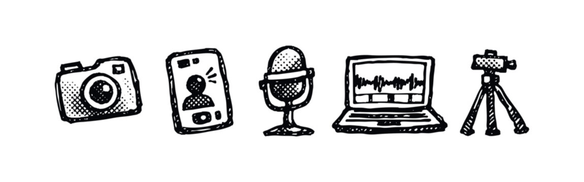 Hand-drawn doodle icons for audio-visual production, podcasting, video calls, and content creation