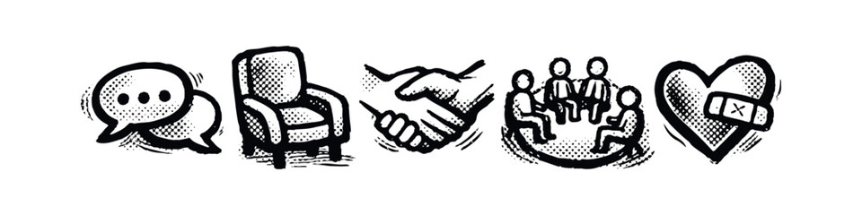 Obraz premium Mental health support and communication icons: therapy, community, relationships. Hand-drawn emotional support elements.