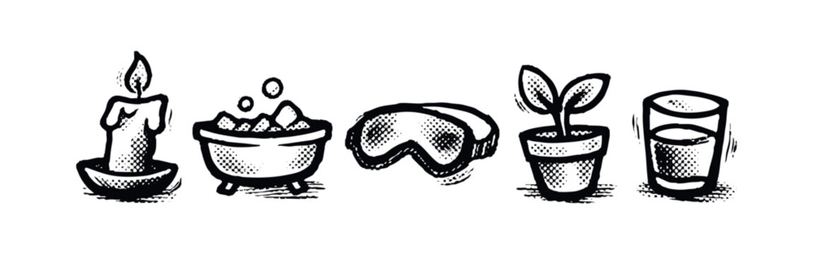 Self-care and wellness icons set: candle, bath, sleep mask, plant, water. Hand-drawn mental health elements.