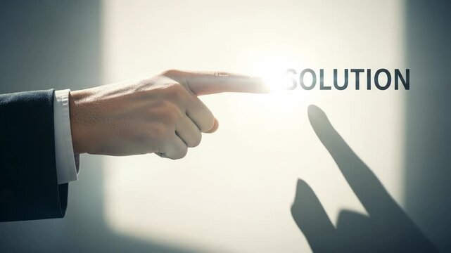 Close up of businessman finger pointing at the word solution on white background concept