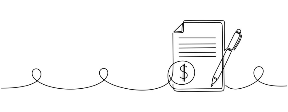 Financial document outline with pen and dollar symbol in minimal line art style. No editable stroke