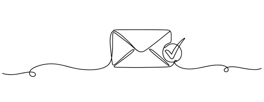 Minimalist continuous line drawing of envelope with check mark. No editable stroke