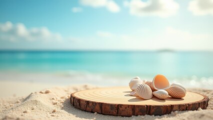 Wooden Podium with Shells in Beach Sand on Blurred Tropical Sea Background