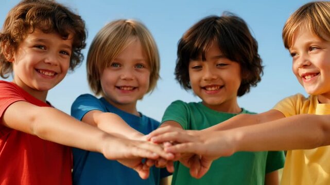 Four happy children stacking hands in unity