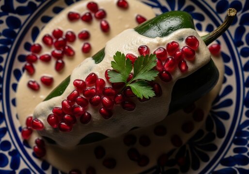 Delicious chile relleno with white cream sauce, fresh pomegranate seeds, and parsley on a blue and white patterned plate. Mexican cuisine.