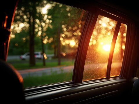 Sunset view through car window with trees in background  