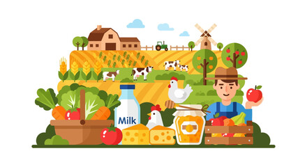 Obraz premium Happy Farmer with Fresh Farm Products and Rural Landscape. Agriculture, Organic Food, Cow, Vegetables, Milk, and Honey Flat Vector Illustration.