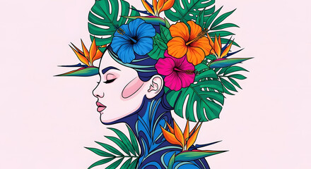 Digital illustration of woman and tropical flowers, bold outline, high saturation