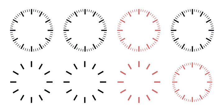 Clock dial watch face black vector icons with analog time displays, clockwise arrows, minimal timer and stopwatch symbols