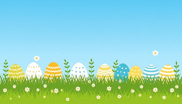 Easter egg hunt scene with colorful eggs and bunny in sunny meadow landscape
