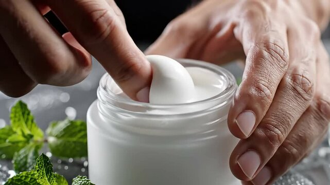 Hand dipping finger into white skincare cream jar with fresh mint leaves, representing natural beauty and personal care.