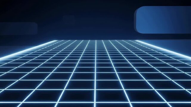 Glowing blue grid lines recede into a dark void to create a perspective effect suitable for retro digital or gaming backgrounds.