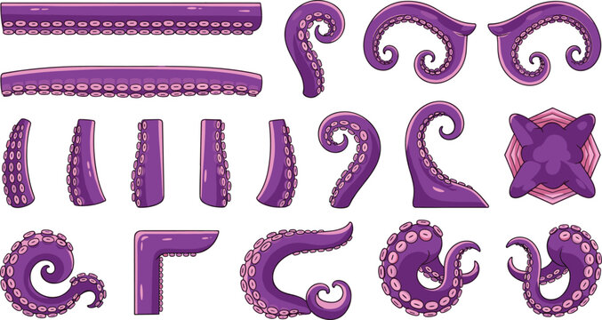 Cartoon Octopus Tentacle Set with Suction Cups in Different Curved Shapes, Purple Sea Monster Limbs Vector Illustration for Game Assets and Design.