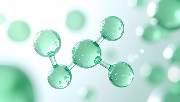 鎮静ケア美容分子 グリーンのスキンケア成分分子 敏感肌・肌荒れケアの美容科学背景 / Soothing skincare molecule, green cosmetic ingredient molecule for calming and sensitive skin care, dermatology science background