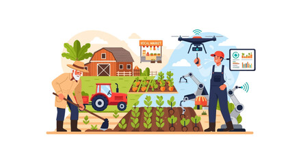 Obraz premium Traditional Farming Meets Smart Agriculture: Robotics, Drones, and Technology Driving the Future of Sustainable Food Production