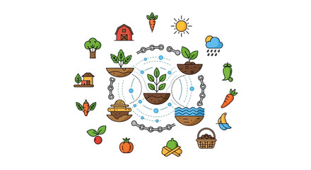 Fototapeta premium Smart Agriculture and Food Supply Chain Vector Icons. Farming Ecosystem Network Diagram with Crops, Weather, and Sustainable Production Elements.