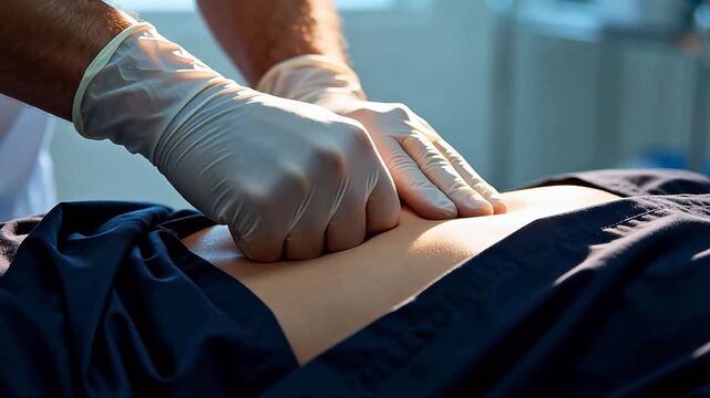 Doctor hands in medical gloves pressing on patient abdomen for health examination