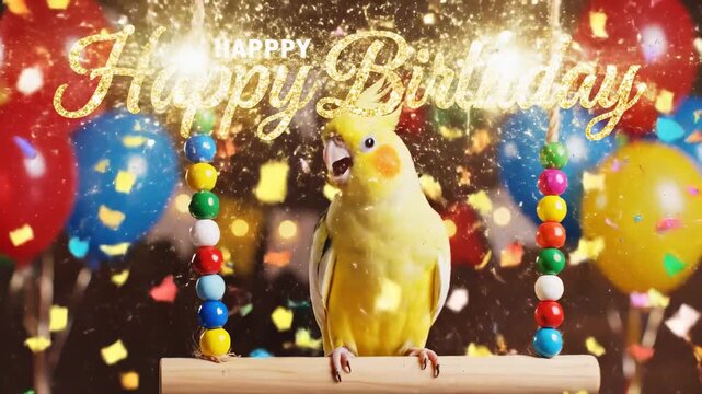 Happy Birthday Cockatiel Bird with Balloons and Confetti.