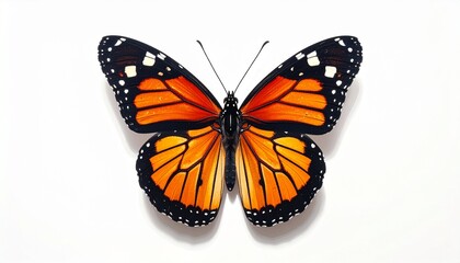Obraz premium Vibrant Monarch Butterfly Close-Up on White Background with Black Spots and Orange Wings