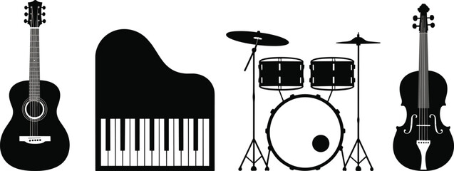 Musical instruments silhouettes set, acoustic guitar piano drum kit and violin vector illustration isolated on white background for music design © Sagar Creative