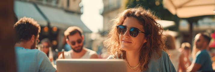 Naklejka premium A young woman wearing sunglasses smiles while working on a laptop outdoors at a sunny cafe with people chatting around her.