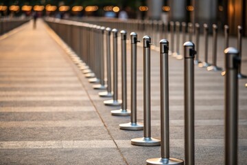 Polished Silver Posts Lining Paved Walkway at Sunset with Warm Bokeh Lights in the Background Creating a Calm and Inviting Atmosphere