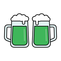 Two green beer mugs clinking for St. Patrick's Day celebration, flat cartoon vector illustration