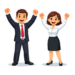Fototapeta premium Cartoon illustration of a man and woman in business attire celebrating with raised fists, symbolizing teamwork and achievement.