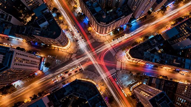 Aerial view of busy city intersection with traffic light trails