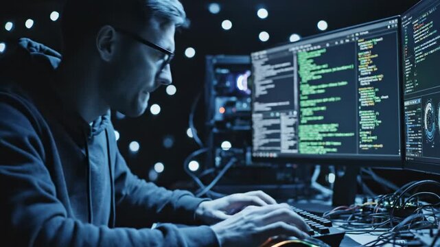 Hacker working on computer, coding, programming, cybersecurity, technology.