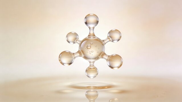 A close-up of a soft oat-beige psyllium husk droplet cluster connected by delicate viscous bridges with a dominant central droplet and subtle microbubbles.