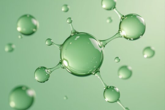 A serene close-up of sage green hypochlorous acid droplets connected by delicate viscous bridges, illuminated with soft macro lighting and microbubbles.