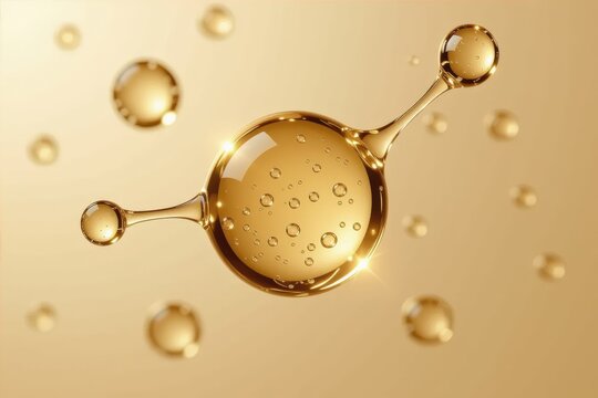 Champagne gold glycolic acid droplets connected by filaments float over a glowing surface, highlighted by macro lighting and microbubbles in a soft focus.
