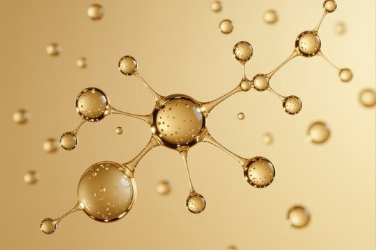 Champagne gold mandelic acid droplets form a delicate filament network floating above a luminous surface, highlighted by a larger droplet with microbubbles in soft mac...
