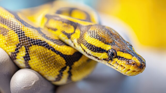 A vibrant yellow and black ball python is gently held by a person wearing white gloves, highlighting the snake"s detailed scales and striking pattern.
