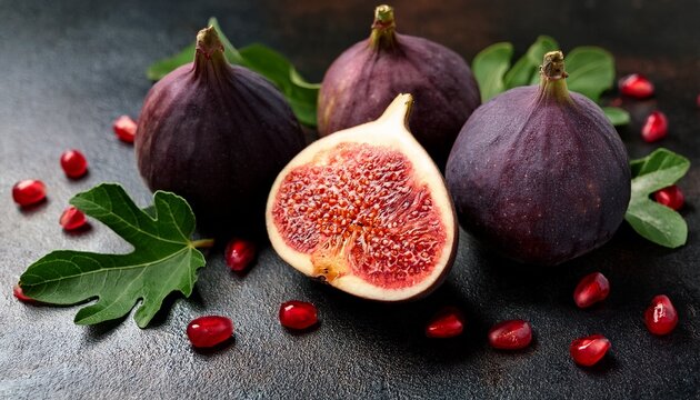 fresh figs displayed on a dark stone surface with green leaves and pomegranate seeds
