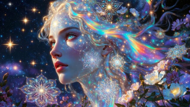 Illustrazione fantasy di dea stellare con bagliori al neon e cosmo