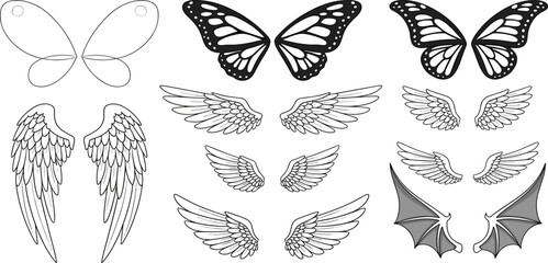 Butterfly angel and bat wings collection outline and detailed fantasy tattoo elements set vector illustration isolated. © MstSuborna