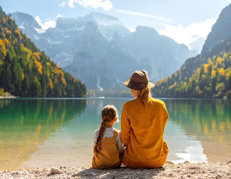 A serene lake scene with a woman and child sitting on the shore