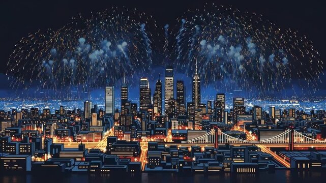 Vibrant fireworks explode over a bustling city skyline at night, illuminating the urban landscape.
