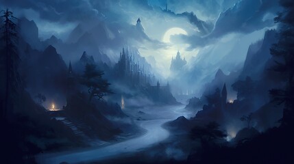 Moonlit Misty Forest Path Beneath a Glowing Blue Night Sky and Distant Mountains
